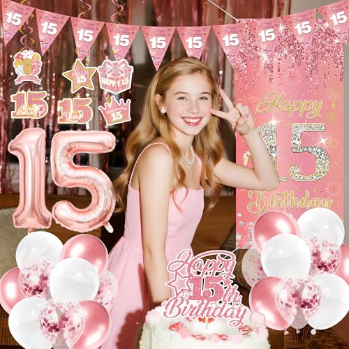 15 Geburtstag MäDchen Deko Set - 29 StüCk Rosegold Glitzer Happy Birthday Geburtstagsdeko Wimpel Tortendeko Mit HintergrüNde Zahl Luftballon Wirbel FüR 15 Jahr Geburtstagsfeier Party Dekoration