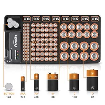 Battery Organizer Storage Case with No Lid Snap, Portable Battery Tester, Wall-Mounted Design, Holds 110 Batteries of Various Sizes