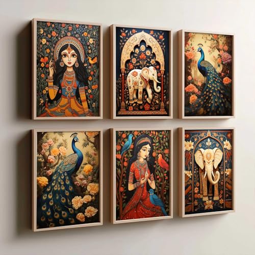 Image of kotart Premium Digital Madhubani Art Paintings with Frame for Home Decor - Framed Painting for Living Room Bedroom Office Room Decor - Painting for Wall Decoration - Pack of 6 (13X17, D)