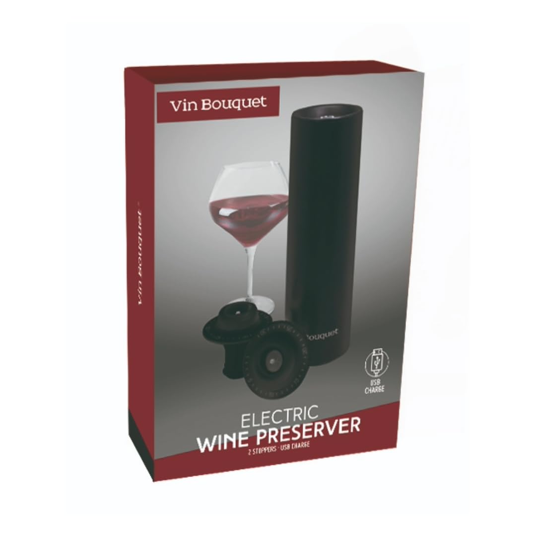 Vin Bouquet FIC 002 Conservateur Électrique avec Bouchons à Vide, Pompe à Vide Automatique avec Base Rechargeable, Noir