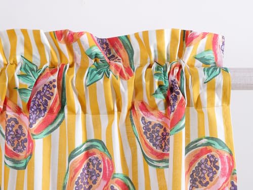 Image of Ravaiyaa - Attitude is everything Hand Printed Half Window Kitchen Curtain 100% Cotton Short Drapery Valance Curtain 40 inch X 18 inch Inch (Yellow White Striped & Papaya)