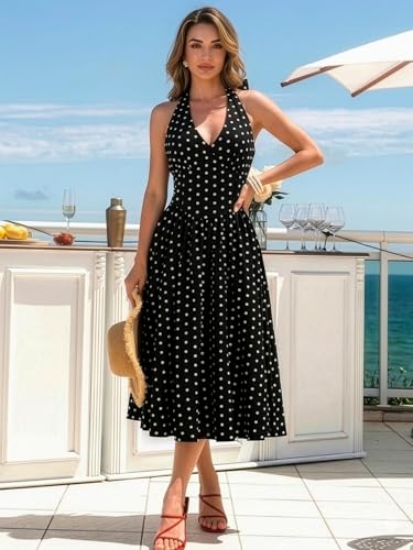 Image of Aahwan Polka Dots Halter Long Dress Backless A Line Flared Vintage Party Club Dresses for Women's & Girl's