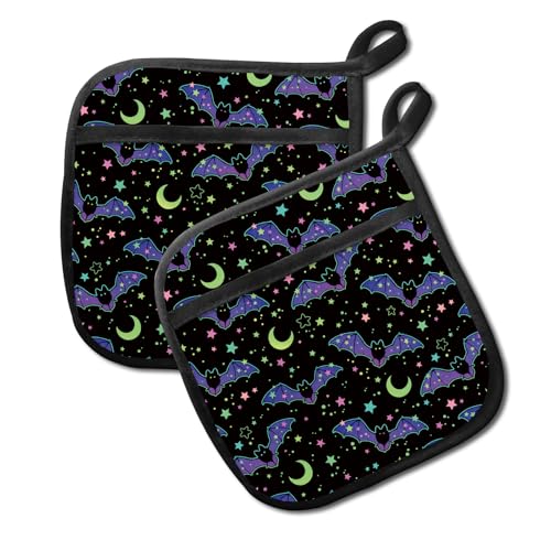 JYCardPKT Pot Holders for Kitchen, Heat Resistance Hot Pads, Cute Potholder with Pocket for Kitchen Cooking Baking 2 Packs, Purple Bats
