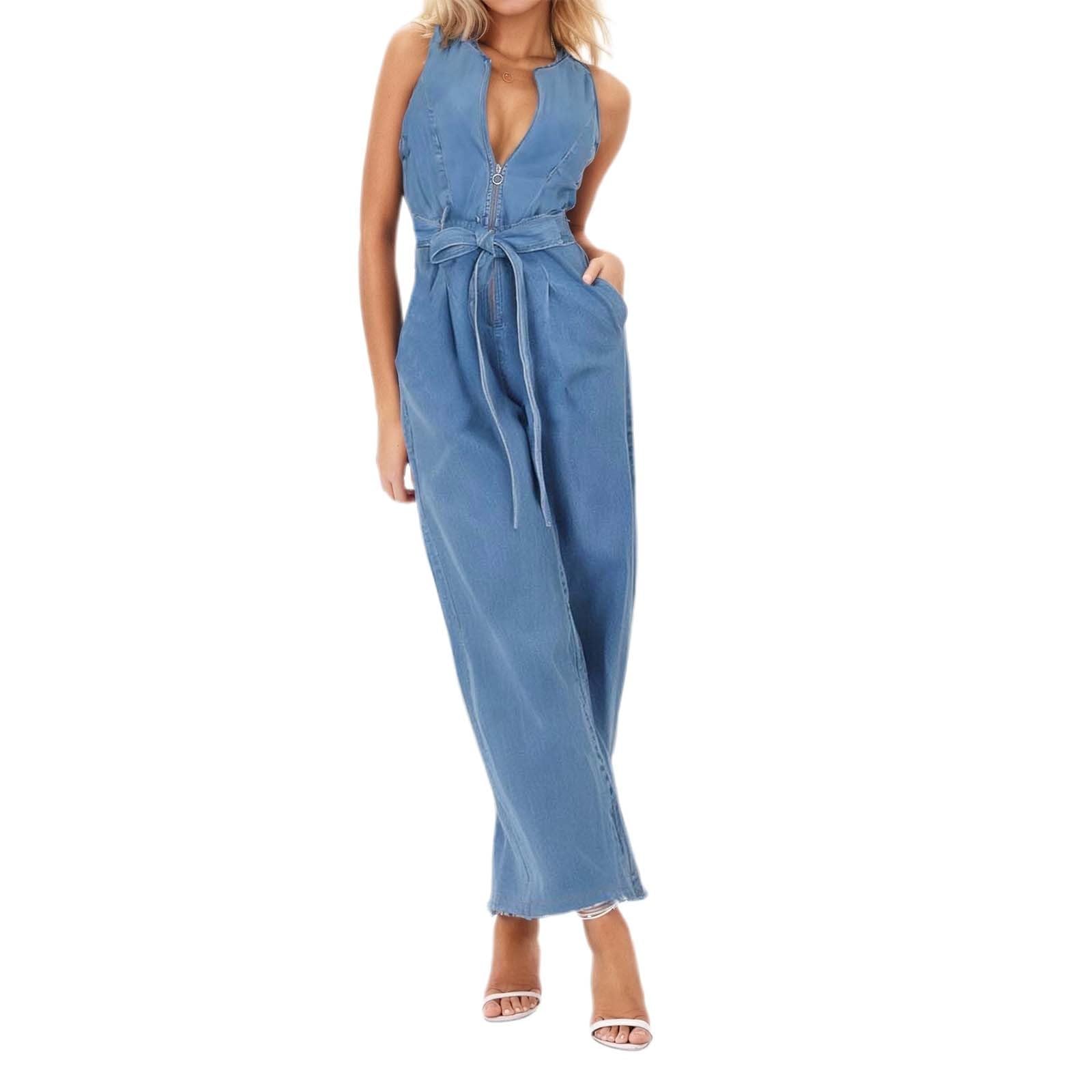 Tuta da donna con scollo a V, senza maniche, elegante, con gamba larga, casual, leggera, con cintura, tinta unita, casual, pagliaccetto, tuta intera, tuta intera, tuta estiva da spiaggia