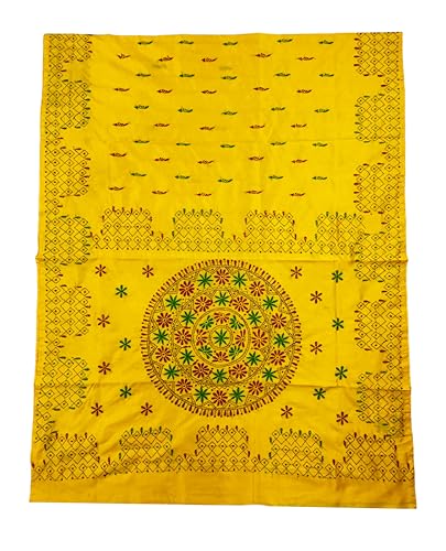 Image of SHRISTI CLOTHINGS Women's Hand Embroidered Cotton Silk Kantha Stitch Saree with Blouse Piece (J420824 YELLOWD92)