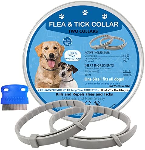 Flea and Tick Collar for Dog & Puppies, Safe Natural Ingredient Protection Kills Fleas and Ticks, Adjustable One Size Fits All, Waterproof, Free Comb, 2 Pack