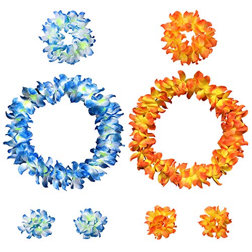 Hawaiian Leis Headband Wristbands Tropical Luau Hawaii Necklace Headpiece Bracelets Women Wreath Garland Wedding Vacation Summer Beach Carnival Party Decorations Favors Supplies 8 PCS Blue Yellow