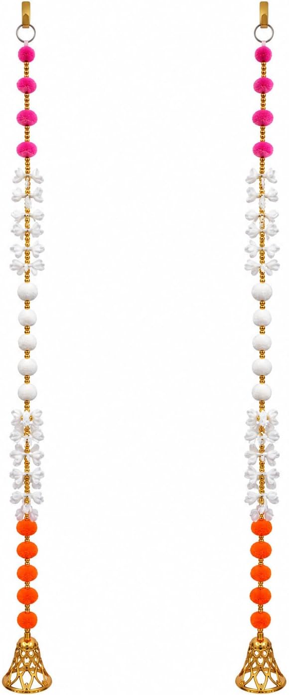 Decorative Door Hanging Toran Set of 2, Multicolor Beaded Door Decor with Floral Design and Golden Bells for Home, Entrance & Festive Decoration, White image 4