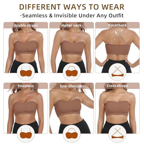 Image of Zimcti Strapless Bras for Women-Non Slip Silicone Grip Bandeau, Wirefree Seamless Tube Top, Removable Pads, Clear Strap
