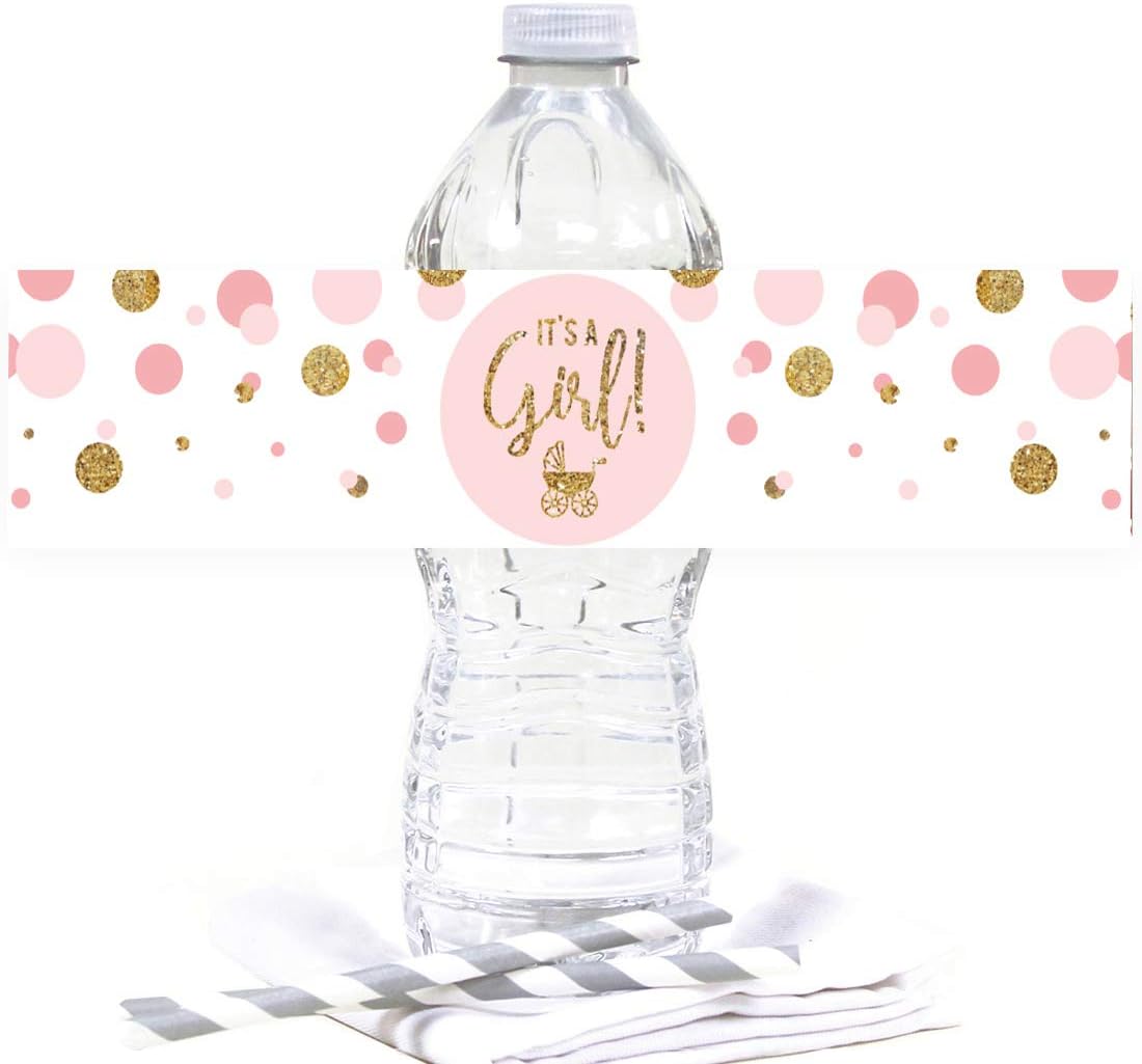 Andaz Press Blush Pink Gold Glitter Baby Shower Water Bottle Labels, 20-Pack – ‘It’s A Girl’ Designs, Water Bottle Wraps