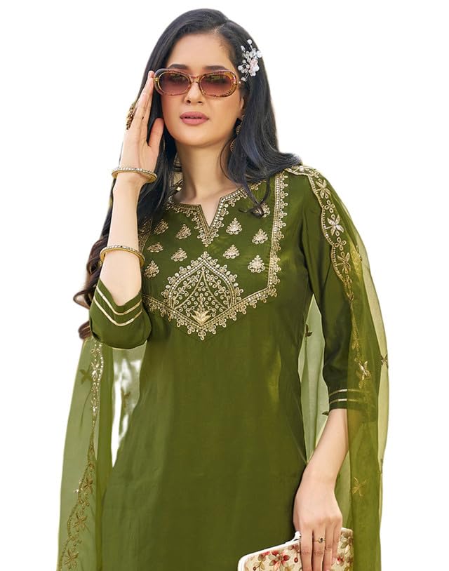 Image of SIRIL Rayon Viscose Suit Set for Women | Sequence Embroidery Kurta with Pant & Dupatta | Straight Kurta Set