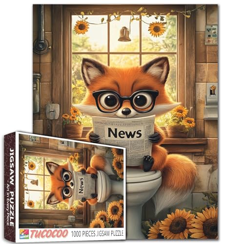 Funny Fox Puzzle de 1 000 pièces pour adultes - Animal mignon - Salle de bain avec lunettes - Lecture de journaux - Humour fantaisiste - Tournesols rustiques - Puzzle stimulant - Décoration