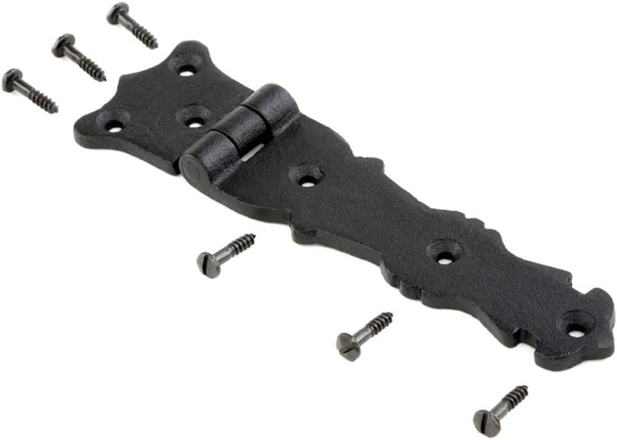 Renovators Supply Manufacturing Black Wrought Iron Shed Door Hinge 5.5 in Antique Fleur De Lis Style Decorative Flush Mount Cast Iron Barn Door Shed Hinge with Hardware