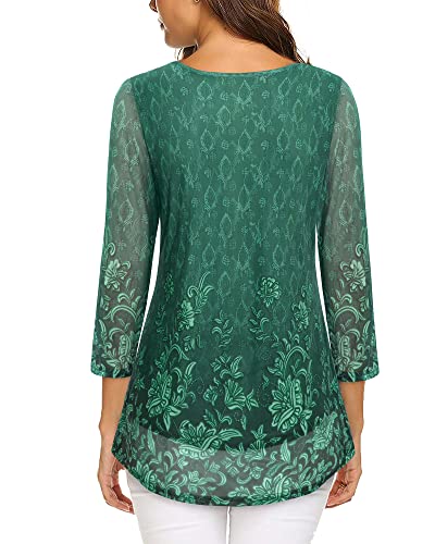 VALOLIA Women's 3/4 Sleeve Tunic Tops Casual Loose Fit Floral Blouses Mesh Pleated Layered Shirt2