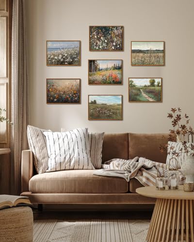 Image of KISSFOX Vintage Framed Wall Art Decor Rustic Wildflower Field Pictures Wall Decor Colorful Daisy Flower Paintings Botanical Canvas Art Prints Modern Farmhouse Artwork For Bedroom Kitchen Living Room