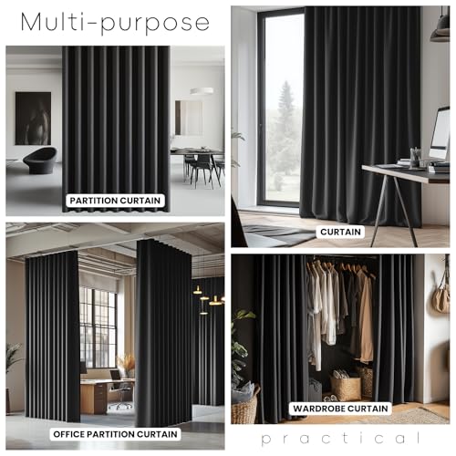 Image of Jilron Room Divider Curtains Ceiling Curtain Track Set for Blackout and Privacy (Include:Black Curtainx2 + Black Trackx1) 196 inch W x 84 inch L