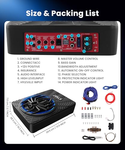 Image of 10 Inch 1200W Slim Underseat Powered Car Subwoofer with Built-in Amplifier, High /Low Level Input, Deep Bass & Blue Dynamic Ambient Light, for Car Truck & SUV