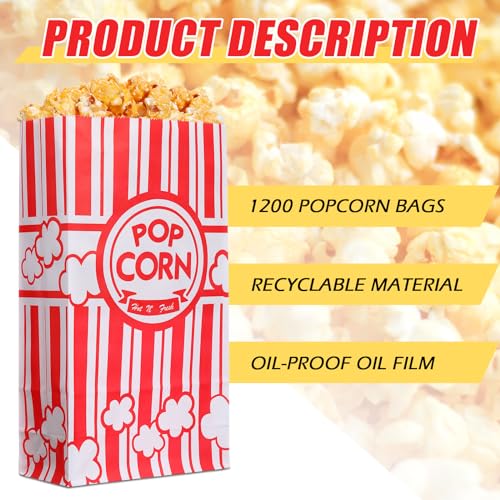 Image of 1200 Pcs Paper Popcorn Bags Bulk 2 oz Large Flat Bottom Boxes Red and White Disposable Container Sleeve Movie Night Popcorn Bucket for Retro Movie Themed Party Carnival Supplies (Red and White)
