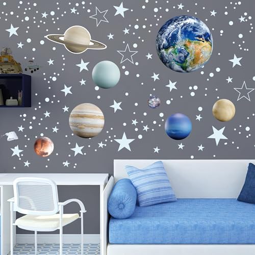 Glow in The Dark Stars Solar System Wall Decals, The Earth Wall Stickers for Bedroom, Baby Nursery Planets Sticker Decoration for Ceiling (Blue) by Robmoda - Used condition - Image 7
