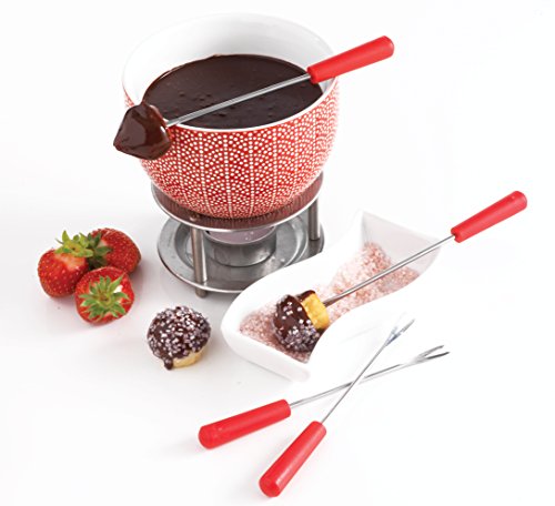 Mastrad Fondue Set - Includes Ceramic Fondue Pot, Stainless Steel Forks, Tealight Holder, Candle and Warming Stand - Melt Chocolate, Cheese and More