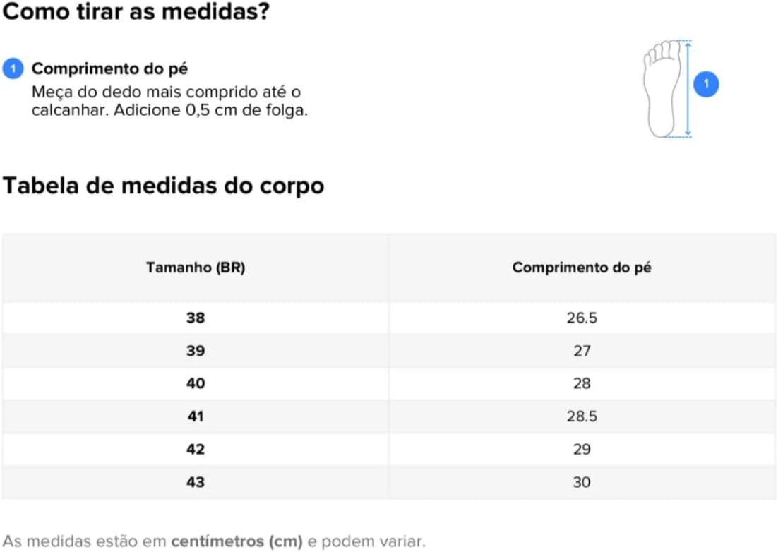 Vista frontal do tênis com fundo branco liso e tabela de medidas exibida sobre área clara.