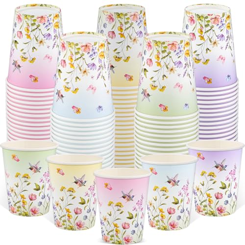 NatNarr 100 Pack Spring Floral Paper Cup 9oz Tea Party Floral Cups Disposable Wildflower Paper Cups Drinking Cup Bulk for Hot Cold Beverage Wildflower Tea Party Birthday Barbecue Wedding 5 Colors