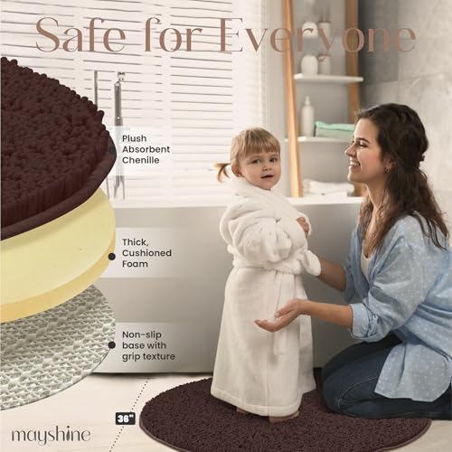 Image of MAYSHINE Round Area Rug Set for Bathroom | Soft Plush Chenille Bath Mat, Water Absorbent Non-Slip Bathroom Rug | Washable Shag Carpet for Shower, Bedroom, or Home Decor | 36 inchx36 inch (Round) | Brown