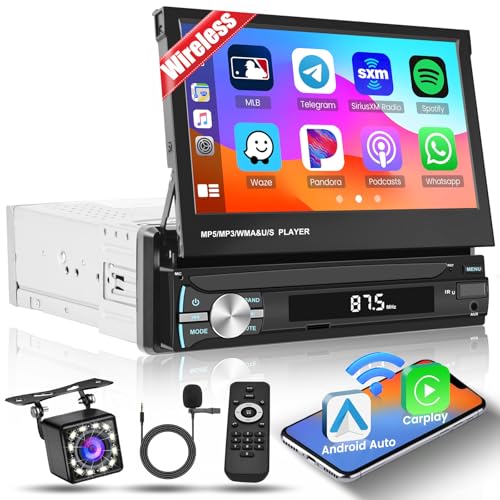 Inefala Carplay 1 DIN sans Fil avec Écran Rétractable Manuel de 7 Pouces, Autoradio avec Bluetooth 5,1, Android Auto Mirror Link, AM/FM Sept Couleurs et...