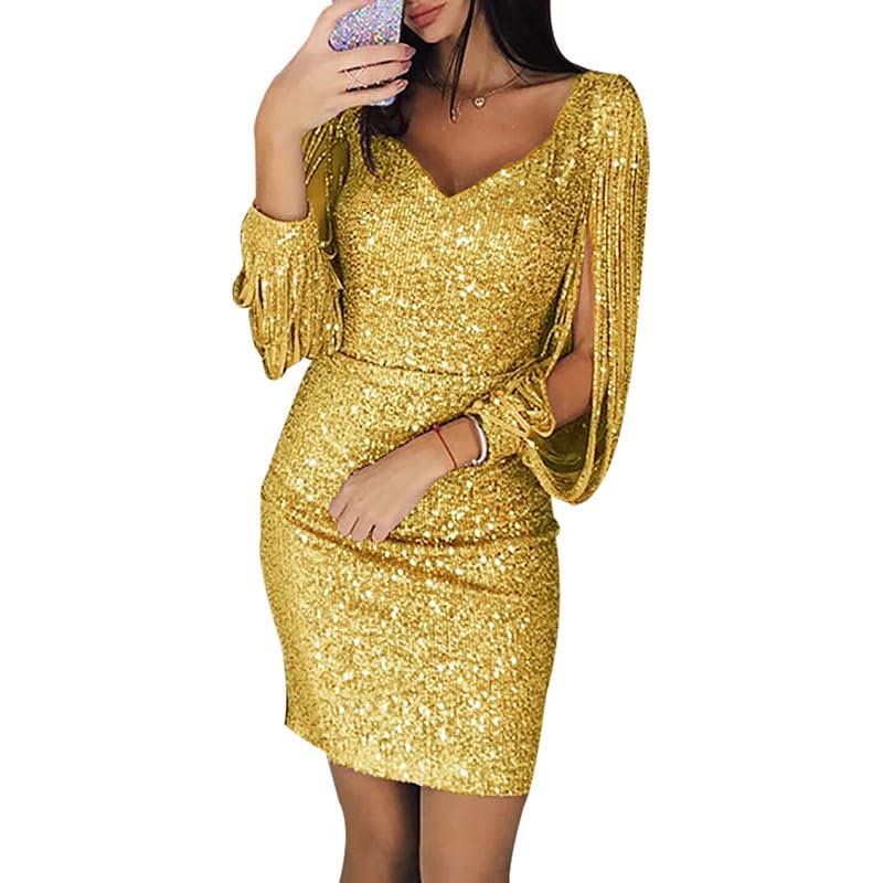 Juketron 2024 Vestido Ajustado de Lentejuelas Plateadas para Mujer, Mini Vestido Sexy con Mangas con borlas y Cuello en V para Discoteca, Vestido Elegante de Fiesta Tipo Tubo Ajustado para Mujer