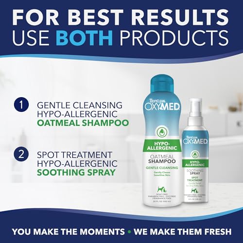 TropiClean OxyMed Haferflocken-Shampoo - Hypoallergen - Reinigt Schonend Empfindliche Haut I Für Hunde und Katzen I Parabens-, Farbstoff- und Parfümfrei I - 592 ml