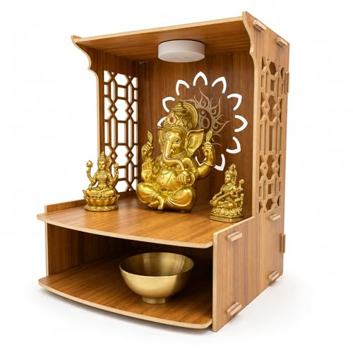Zoriva Wooden Pooja Mandir for Home Tabletop Home Temple with Double Shelves for Storage Mandir Cabinet for Hindu Worship