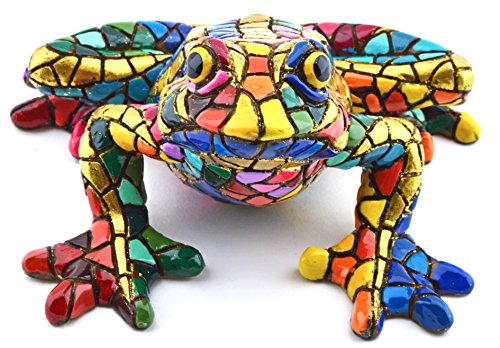 ART ESCUDELLERS Figura Decorativa Rana en Mosaico Dorado de Resina Pintada a Mano con la Tecnica modernista TRENCADIS, al Estilo Gaudí. 14,5 cm x 13 cm x 8,5 cm