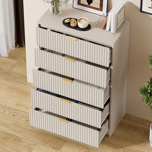 Image of Furniway Beige Dresser for Bedroom, Modern Dresser with 5 Drawers and Smooth Slides, Wide Chest of Drawers with Golden Handles for Bedroom, Living Room, Closet, 15.7 inch D x 31.5 inch W x 47.2 inch H