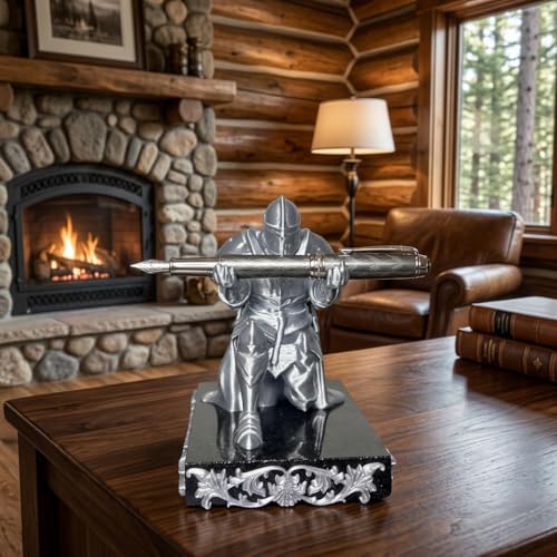 Image of Pen Holder Sculpture Eco PLA Water Resistant Scratch Resistant Desk Organizer 5x4x3 Inches Satin Silk Metallic Finish Armour Decorative Tool Stand (Satin Silver - Pitch Black Marble)