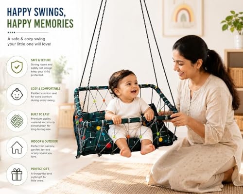 Image of Baby Hanging Swing Cradle with Cushioned Seat, Rope Net Frame, Multicolour Polka Dot Print, for Infants