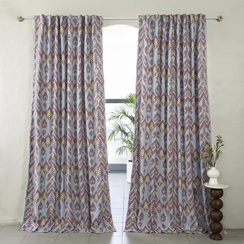 Image of Tranquebar Curtain Co. 100% Blackout Curtains, Complete Darkening Curtains with Lining (Polyester), Blue-Pink Chevron Print, Cotton Blackout Curtain 7 Feet Set of 2, BackTabs, Ikat (213 cm) - Set of 2