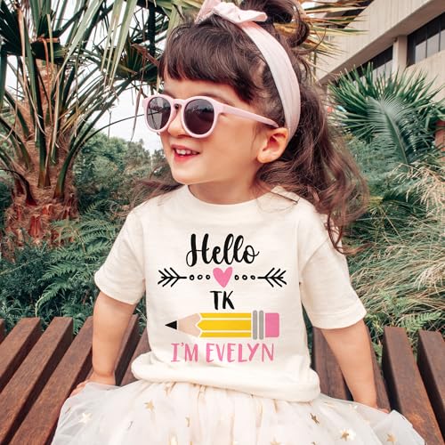 Hello TK Personalized Shirts For Girls - Custom Name Back To School Transitional Kindergarten Pencil Outfit - Cute Gift For First Day Of School Announcement - Natural Toddler & Youth T-Shirt2