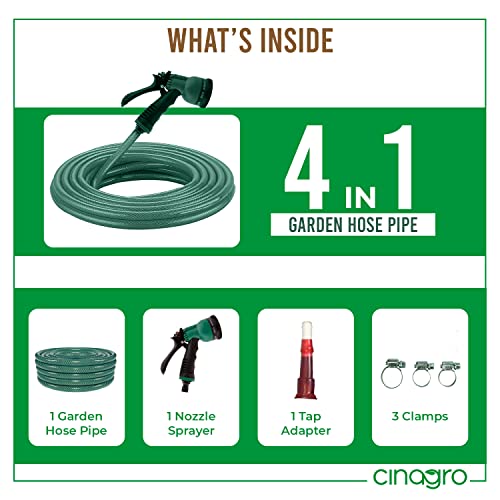 Cinagro 10m Braided Hose Pipe - Water Pipe for Garden, Washing with Sprayer, Tap Adapter and 3 Clamps (1/2 Inch, Green)