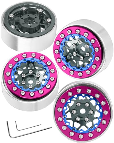 BRCatWPark 1.3 Aluminum Beadlock Wheel Rims for SCX24 TRX4M FCX24 1/24 1/18 RC Crawler Car,4pcs RC Truck 1.3 Wheel Rims for 1/18 TRX4M 1/24 SCX24 FCX24 RC Truck Beadlock Rims,(Titanium&Pink)