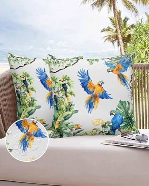 Waterproof Pillow Covers Pack of 2, Parrot Toucan Tropical Plant Outdoor Pillow Protectors with Zipper Pillowcases for Patio Tent Garden Beach, Green Banana Leaf Animals Square, 18X18
