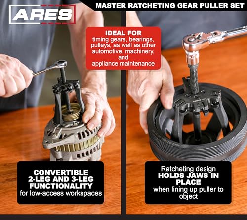 Image of ARES 15095 - Master Ratcheting Gear Puller Set - Premium Chrome Moly Steel Gear Puller Yolk Set Includes 2-Ton and 5-Ton Units - Indexing Jaws Feature Convertible 2-Leg and 3-Leg Functionality
