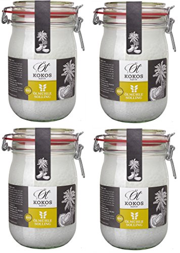 ÖLMÜHLE SOLLING - BIO Kokosöl | 100% natives Bio-Kokosnussöl | Ideal geeignet zum Braten, Backen und Frittieren, als Haut-& Haarpflege sowie für Hunde und Katzen | Inhalt: 4 x1 L im Bügel-Glas