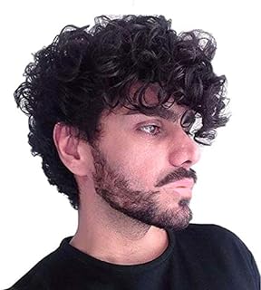 Short Curly Mens Black Wig Fluffy Synthetic Cosplay Halloween Hair Wig for Men