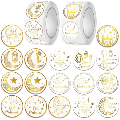GWAWG Autocollants Eid Mubarak 1000 Pcs, Stickers Ramadan Mubarak 10 Designs, Décorations Eid Ramadan Étiquettes Cadeaux pour Enveloppes, Cartes,...