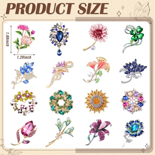 Image of Sasylvia 16 Pcs Women Brooch Set Rhinestone Vintage Animal Insect Plant Pins Brooches Bulk for Christmas Women Girls Gifts