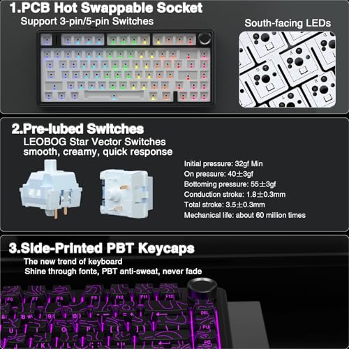 Image of AULA F75 Pro Wireless Mechanical Keyboard with Knob,75% Hot Swappable Custom Gaming Keyboards,RGB Backlit,Pre-lubed Switches,Side Printed PBT Keycaps Creamy Sounding Computer Keyboard, Line Black