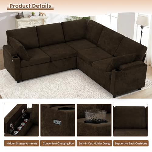 Image of 85 inch Chenille Sectional Sofa w /Pull Out Bed & Storage Space, Orange | Upholstery L Shaped Couch w /Cup Holders, Modern Corner Sofa w /USB Charging Port & Throw Pillow for Living Room