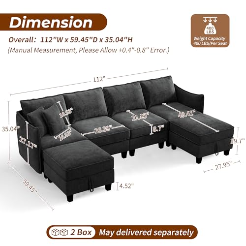 WorthFurni 112" Modular Sectional Sofa U Shape Couches with Storage Ottoman and Washable Cushion Cover for Living Room, Bedroom, Apartment(Black) - image 2