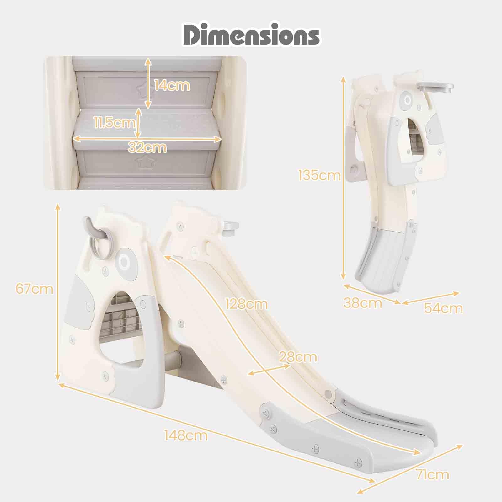 HOMASIS 4 in 1 Scivolo per Bambini con Canestro da Basket, Pallina, Anelli, Scivolo Pieghevole per Bambini, Gioco da Arrampicata per Interni ed Esterni per 3+ Anni (Grigio, Panda, 148 x 71 x 67 cm)