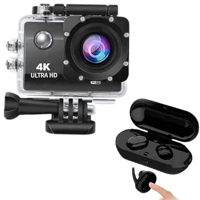 Drumstone Combo Pack of 2 Items- Touch Screen Sports Action Camera, 4K Waterproof Sport Camera,170 Degree Wide Angle WiFi HD Cam, 16MP with True Wireless TWS4 Bluetooth Version V5.0 Headset Earphone